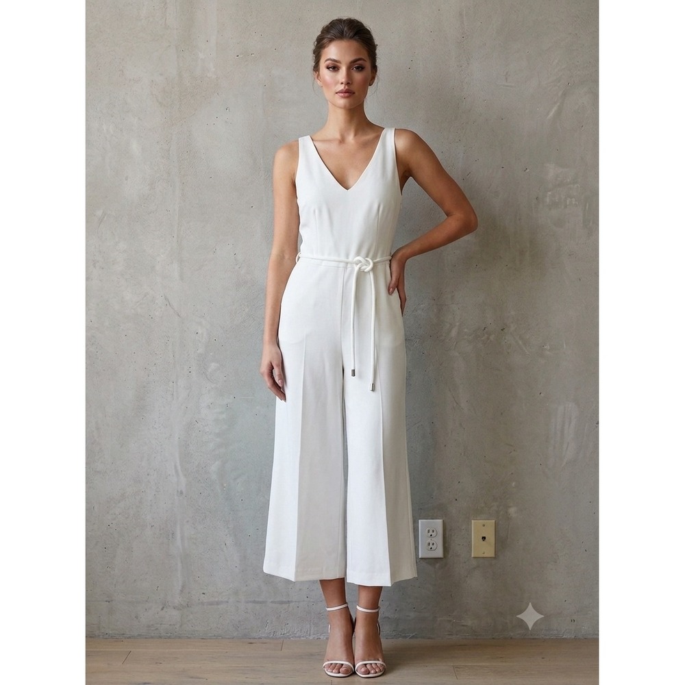 NWT Trina Turk Jumpsuit 10 V-Neck Wide Leg Crop Rope Belt Chic Nautical Resort